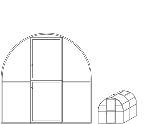Skizze Rundbogen-Gewächshaus MC6, frontal und seitlich