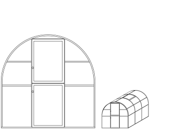Skizze Rundbogen-Gewächshaus MT6, frontal und seitlich
