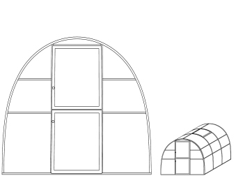 Skizze Rundbogen-Gewächshaus ST6, frontal und seitlich